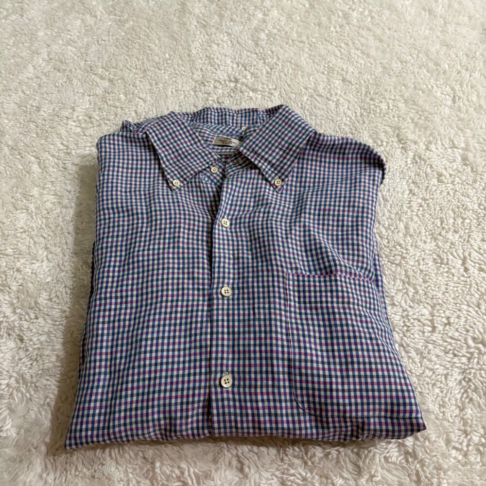 Peter Millar Men Button Down Blue Checkered Linen Silk L Preppy Business Career